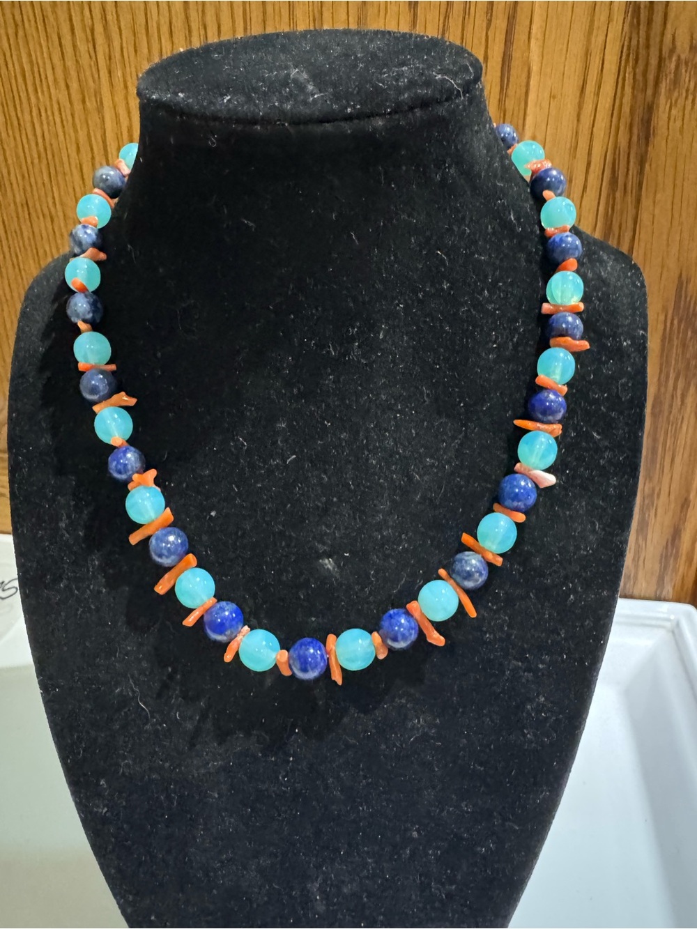 Vintage Art Deco Uranium Glass, Lapis Lazuli & Stick Coral 925 Beaded Necklace